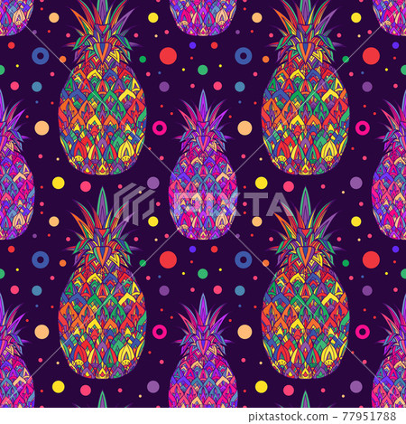 Seamless summer pop art pattern with multicolored pineapples with tribal pattern and dots on violet background. Juicy fruit wallpaper. Vector texture 77951788