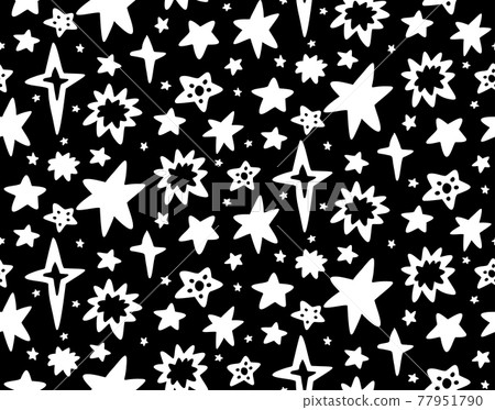 Seamless childish monochrome cosmos pattern with whitte silhouette of different stars on black background. Vector texture of the universe. Vector wallpaper 77951790