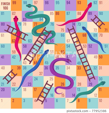Snakes and ladders. Kids dice board game. Climbing puzzle map for children play activity. Fun traveling boardgame cartoon vector template 77952386