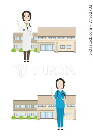 一位年輕的女醫生站在診所前拿著注射器 一位年輕的女醫生站在診所前拿著注射器 77952732