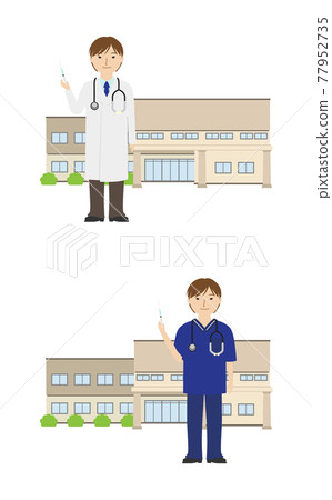 一位年輕的男醫生站在診所前拿著注射器 一位年輕的男醫生站在診所前拿著注射器 77952735