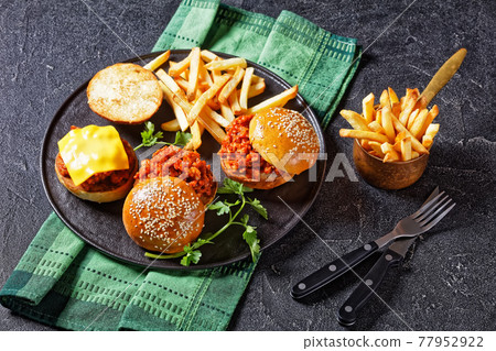 Sloppy Joe sandwiches with french Fries, top view 77952922