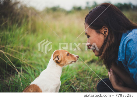 Happy cheerful hipster girl playing with her dog in the park during sunset. Vintage of young woman with her dog. 77953283