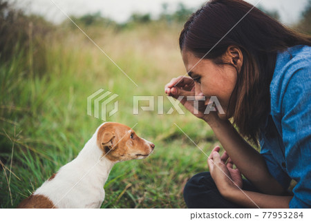 Happy cheerful hipster girl playing with her dog in the park during sunset. Vintage of young woman with her dog. 77953284