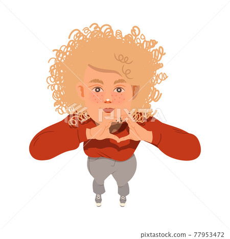 Freckled Woman Showing Heart Hand Gesture Looking Up Watching at Something Above View Vector Illustration 77953472