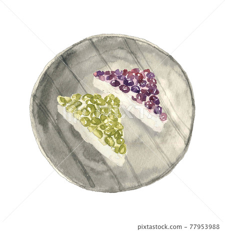 Watercolor: Japanese sweets "Minamizuki" in early summer on a Japanese plate Azuki and Uguisu beans White background 77953988