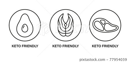 Keto friendly stamp. Healthy eating, ketogenic, paleo and low carb high fat diet icons. Avocado, tuna and meat steak. Isolated vector illustration on white background 77954039