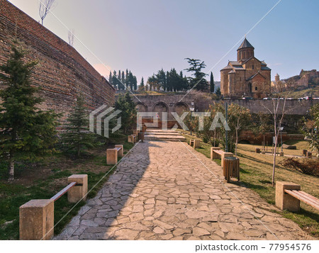 historical metekhi temple on a hill in the center of old Tbilisi historical metekhi temple on a hill in the center of old Tbilisi 77954576