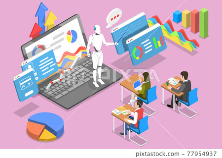 Isometric Vector Concept of Teacher Bot, Artificial Intelligence Technology. 77954937