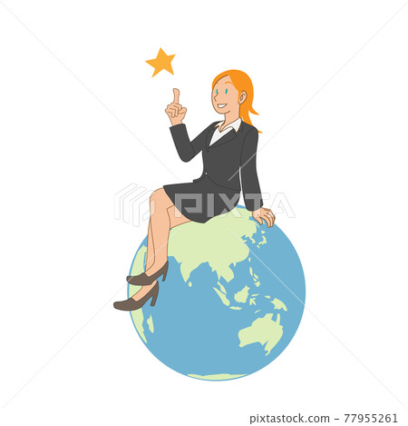 Smiling Caucasian business woman sitting on the globe 77955261