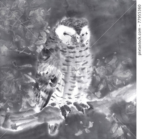 Owl with closed eyes ink painting illustration 77955360