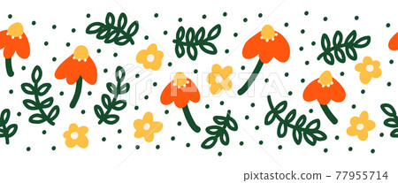 Simple Abstract hand drawn flowers and doodle leaves seamless border. Botanical Nature flowers and 77955714