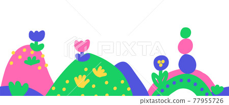 Kids drawing border seamless vector border. Childlike hand drawn hills, flowers repeating horizontal 77955726