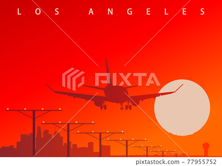 A commercial airliner landing at Los Angeles airport during the sunset. Original vector illustration A commercial airliner landing at Los Angeles airport during the sunset. Original vector illustration 77955752