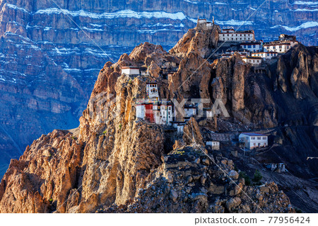 Dhankar monastry perched on a cliff in Himalayas, India 77956424