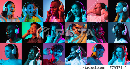 Collage of portraits of an ethnically diverse people isolated over multicolored background. 77957141