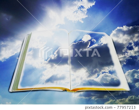 Abstract of bible book with dramatic cloudscape, blue dramatic sky. Abstract of bible book with dramatic cloudscape, blue dramatic sky. 77957213