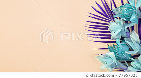 Fantasy tropical background with blue flower torch ginger on light orange background, top view with copy space, banner 77957323