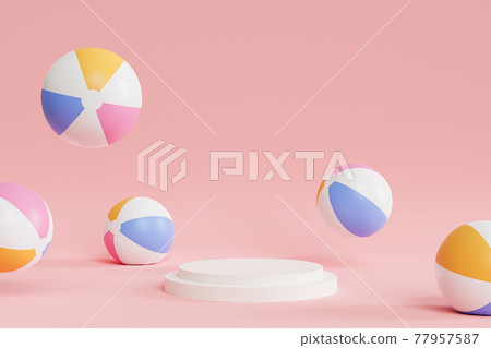 Podium or pedestal for products or advertising with inflatable beach balls on pink background, summer minimal 3d illustration render 77957587
