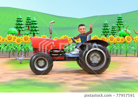Farmer child rides a tractor across sunflower field, cartoon style 3d rendering 77957591
