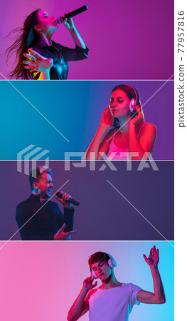 Portrait of group of people on multicolored background in neon light, collage. 77957816