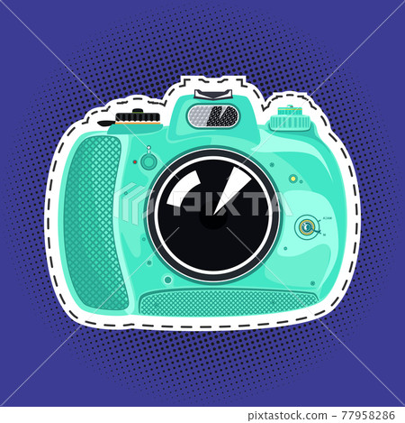 Manual camera on a purple pop art background Manual camera on a purple pop art background 77958286