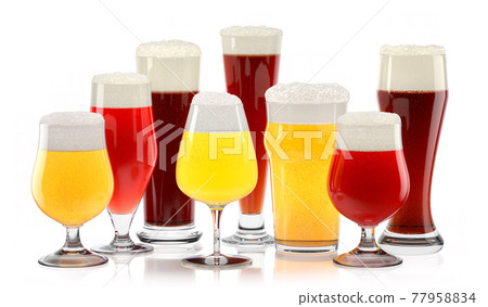 Set of fresh different beer glasses with bubble froth on white background. Set of fresh different beer glasses with bubble froth on white background. 77958834