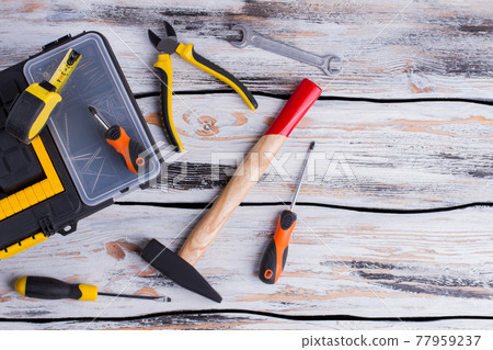 Mechanic tool set on wooden background. Mechanic tool set on wooden background. 77959237