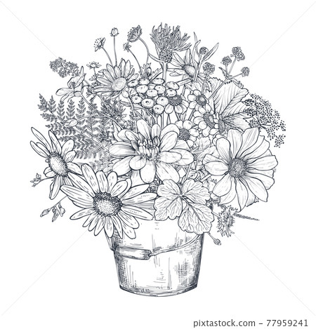 Vector floral composition with black and white hand drawn herbs and wildflowers 77959241