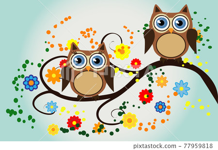 Four owls, on a fantastic tree branch, decorated with flowers. 77959818