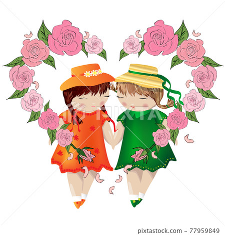Lesbian couple. Two girls hold hands in a frame made of heart consisting of roses. Family of lesbians. LGBT couple 77959849