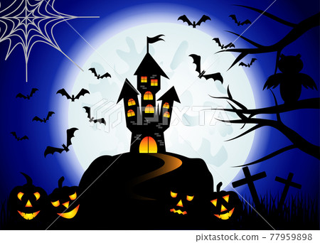 Halloween. Castle on the dais, full moon, night landscape. Halloween. Castle on the dais, full moon, night landscape. 77959898