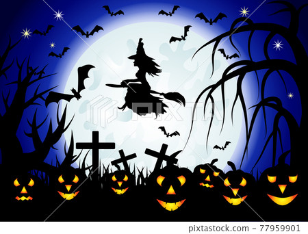 Halloween. Castle on the dais, full moon, night landscape. 77959901