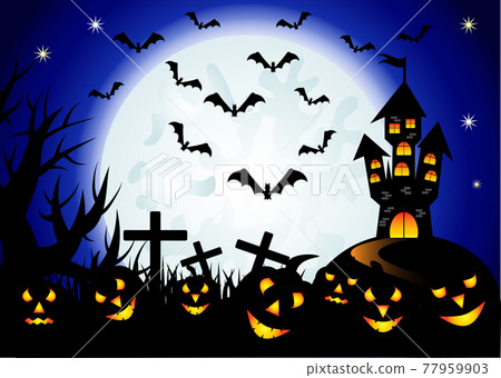 Halloween. Castle on the dais, full moon, night landscape. 77959903