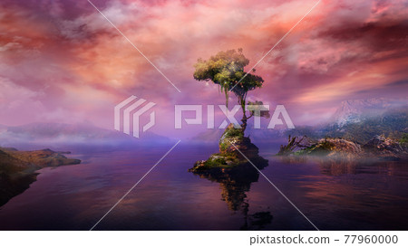 Magical landscape with a tree on a mountain lake island, 3D render. Magical landscape with a tree on a mountain lake island, 3D render. 77960000