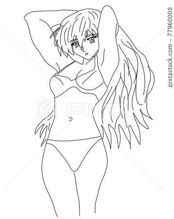 Young, cute girl in a swimsuit, drawn contour in anime style, with long flowing hair, posing. Sketch, coloring 77960008