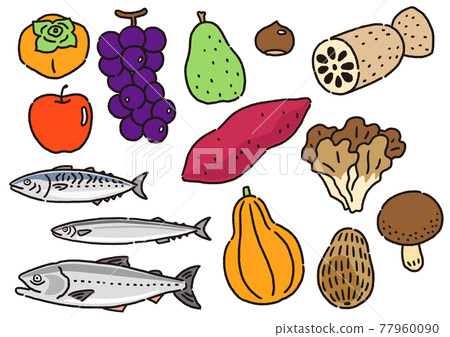 秋季食材，一套時令蔬菜和魚 77960090