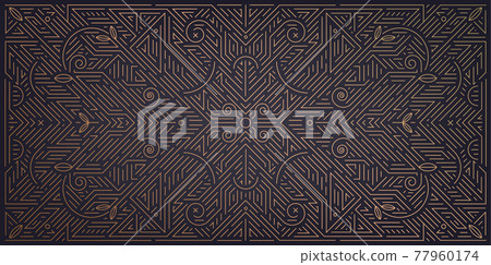 Vector abstract geometric golden background. Art deco wedding, party pattern, geometric ornament, linear style with leaves. Horizontal orientation luxury Vector abstract geometric golden background. Art deco wedding, party pattern, geometric ornament, linear style with leaves. Horizontal orientation luxury 77960174