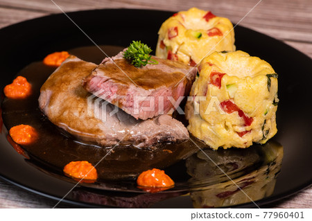 Recipe for roasted veal in butter, piquillo pesto, canele of polebta with crunchy vegetables, honey Recipe for roasted veal in butter, piquillo pesto, canele of polebta with crunchy vegetables, honey 77960401