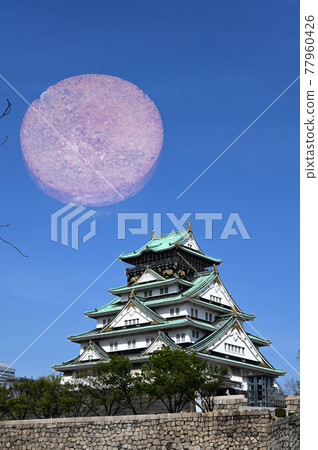 大阪城天守閣和圓形醬油米餅 77960426