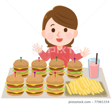 一個女人和一個大食客一起吃很多漢堡包的插圖 77961334