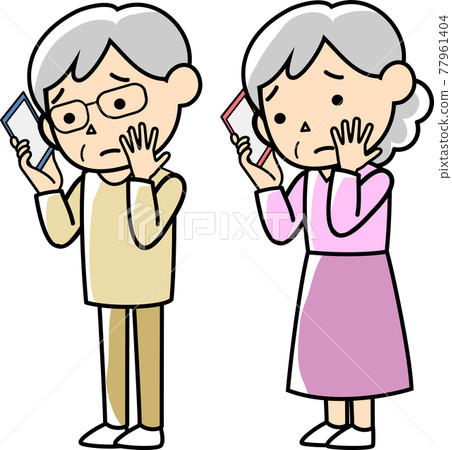 Senior women and senior men consult by phone due to fever Senior women and senior men consult by phone due to fever 77961404