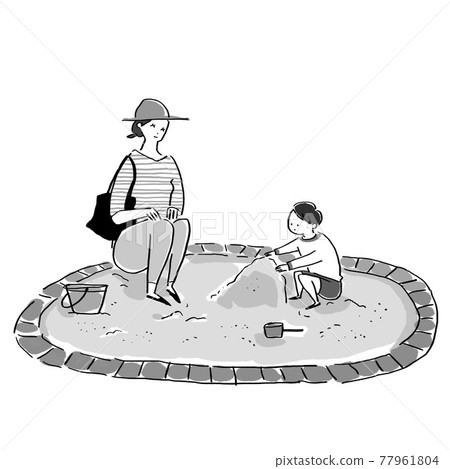 沙箱裡玩耍的孩子(沒有帽子的男孩)和看管的女人(媽媽,媽媽) 沙箱裡玩耍的孩子(沒有帽子的男孩)和看管的女人(媽媽,媽媽) 77961804