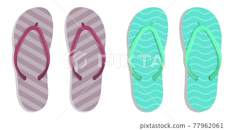 Beach rubber slippers in cartoon style stand on sandy seashore. Beach shoes. Color vector 77962061