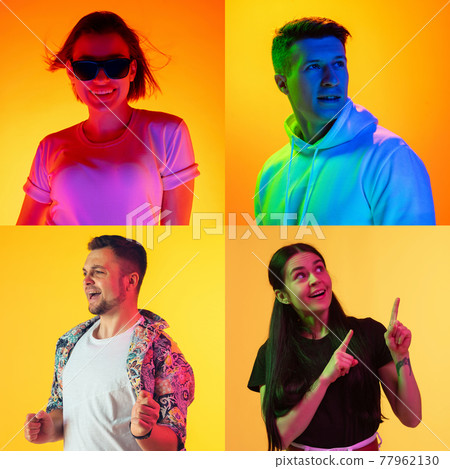 Portrait of group of people on multicolored background in neon light, collage. 77962130
