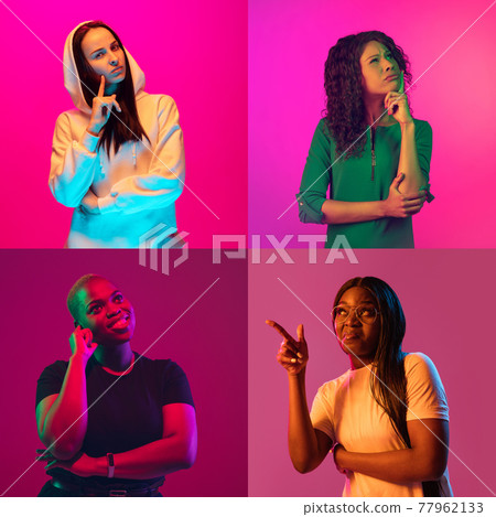 Portrait of group of people on multicolored background in neon light, collage. 77962133