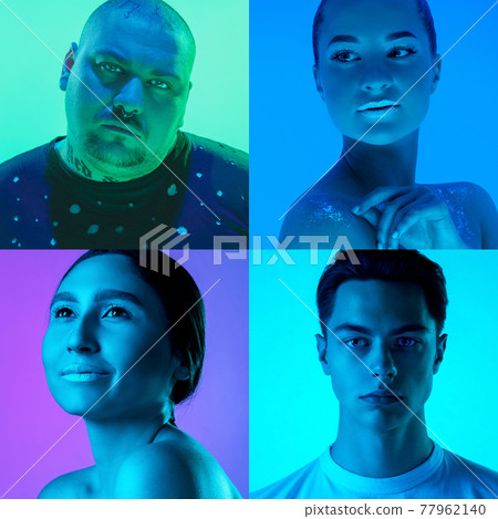 Portrait of group of people on multicolored background in neon light, collage. 77962140