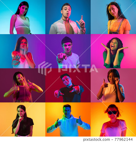 Portrait of group of people on multicolored background in neon light, collage. 77962144