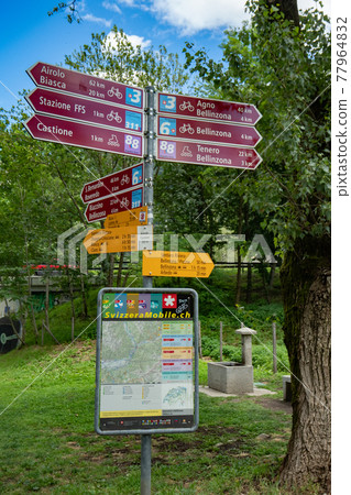 Sign for leisure cyclists close to Bellinzona, Switzerland. Sign for leisure cyclists close to Bellinzona, Switzerland. 77964832