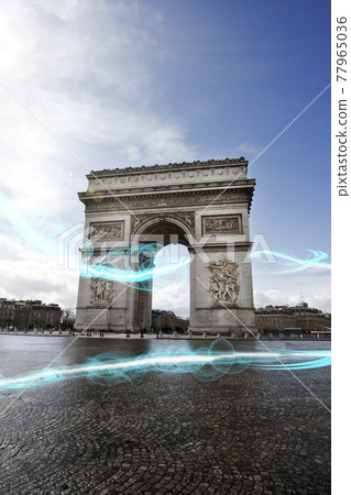 Blue streak of lights at Arc de Triomphe 77965036